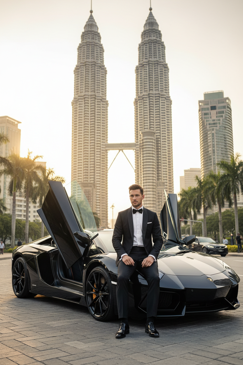 Male Model in Black Tuxedo beside Black Lamborghini Aventador at KLCC